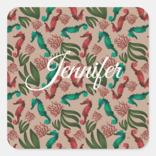 Waterverf Seahorse Pink Nautical Personalized Vierkante Sticker