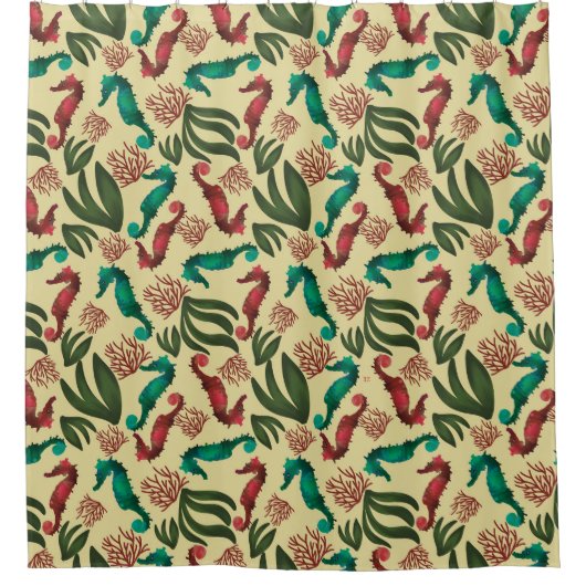 Waterverf Seahorse Yellow Nautical Pattern Douchegordijn (Voorkant)