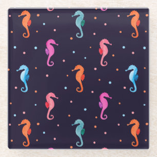 Waterverf Seapaarden op Navy Blue Pattern Glazen Onderzetter