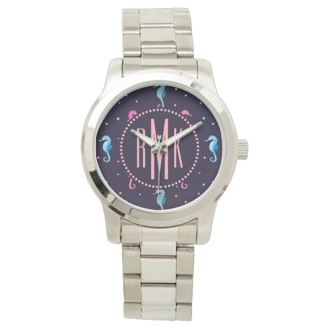 Waterverf Seapaarden op Navy Blue Pattern Horloge (Voorkant)