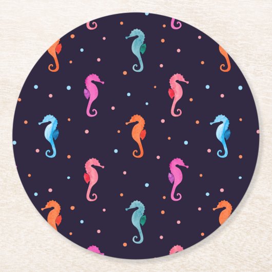 Waterverf Seapaarden op Navy Blue Pattern Ronde Kartonnen Onderzetter (Voorkant)