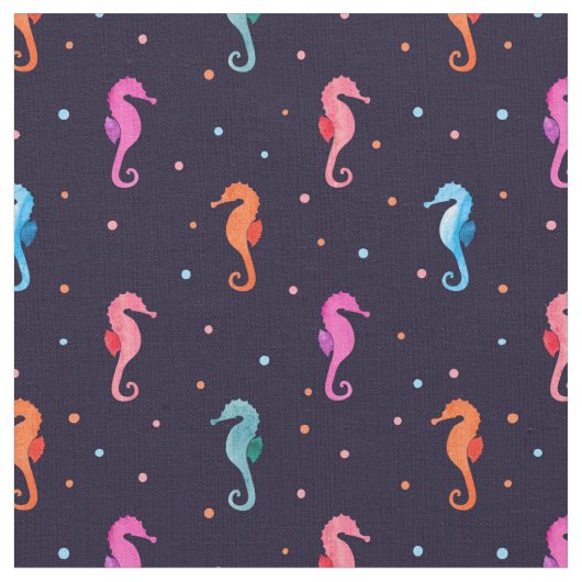Waterverf Seapaarden op Navy Blue Pattern Stof (Close Up)