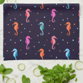 Waterverf Seapaarden op Navy Blue Pattern Theedoek (Gevouwen)