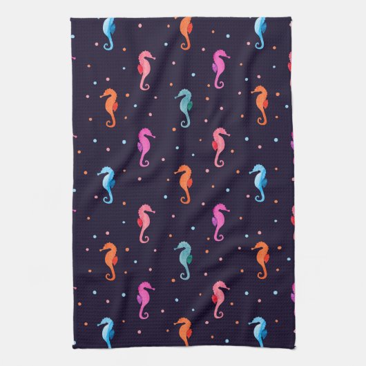 Waterverf Seapaarden op Navy Blue Pattern Theedoek (Verticaal)