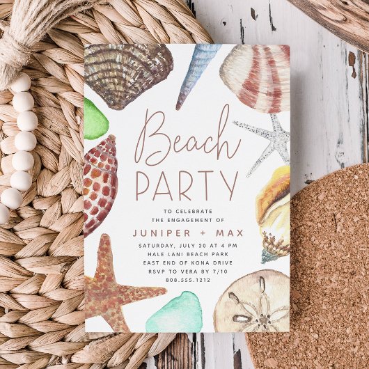 Waterverf Seashell Beach Engagement Party Kaart