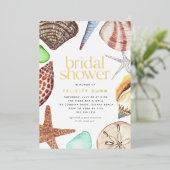 Waterverf Seashell Beach Vrijgezellenfeest Gold Folie Uitnodiging (Staand Voorkant)