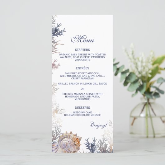 Waterverf Seashell Corals Beach Bruiloft Menu (Staand voorkant)