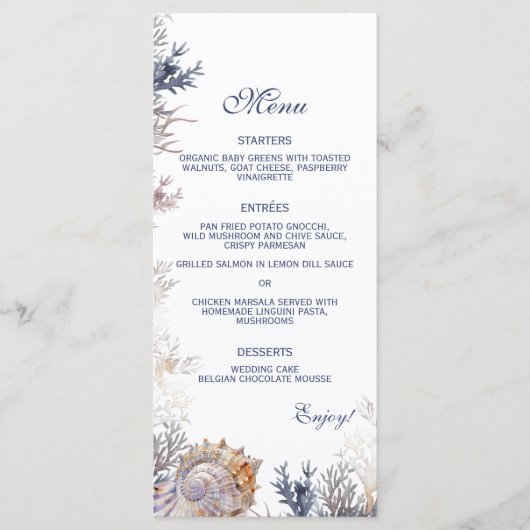 Waterverf Seashell Corals Beach Bruiloft Menu (Voorkant)