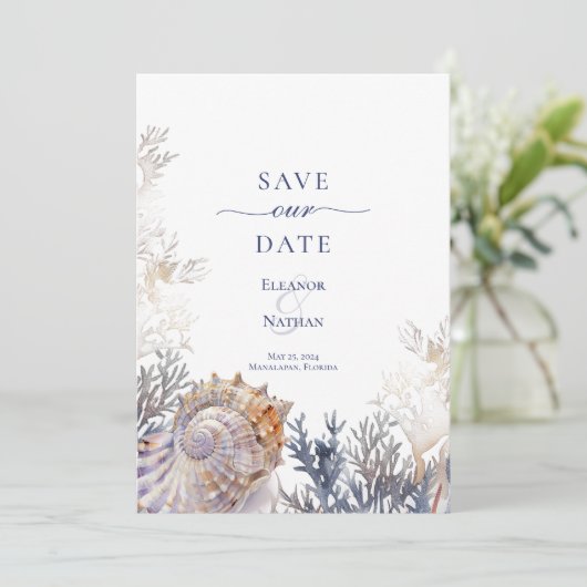 Waterverf Seashell Corals Bruiloft Save the Date (Staand voorkant)