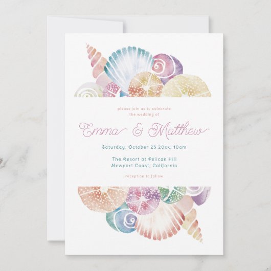 Waterverf Seashell en Mermaid-geïnspireerde bruilo Kaart (Voorkant)