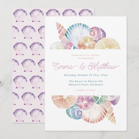 Waterverf Seashell en Mermaid-geïnspireerde bruilo Kaart (Voorkant / Achterkant)