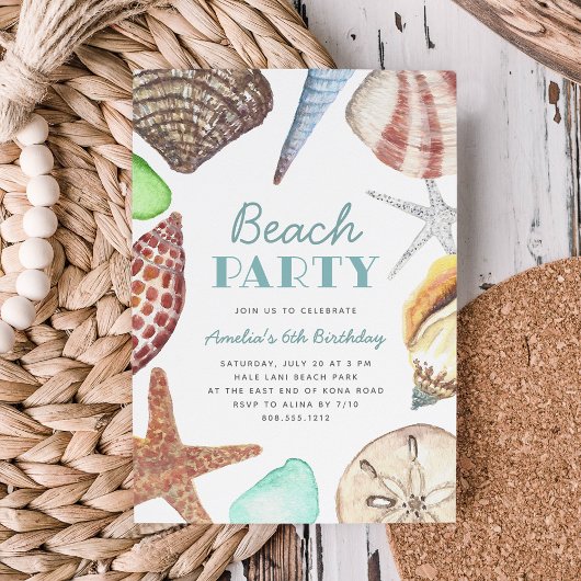 Waterverf Seashell Kinder Beach Birthday Party Kaart
