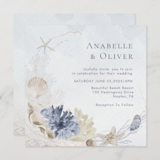 Waterverf Seashell koraal onder het Zee bruiloft Kaart (Voorkant / Achterkant)