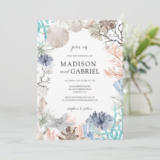 Waterverf Seashell Koraal Starfish Zeebruiloft Kaart (Staand voorkant)
