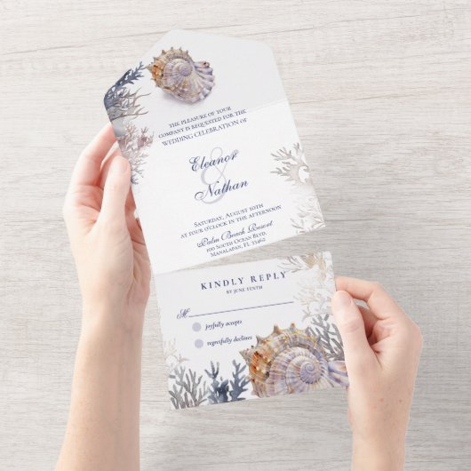 Waterverf Seashell koralen bruiloft All In One Uitnodiging (Afscheurbaar)