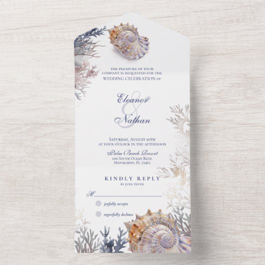 Waterverf Seashell koralen bruiloft All In One Uitnodiging (Binnen)