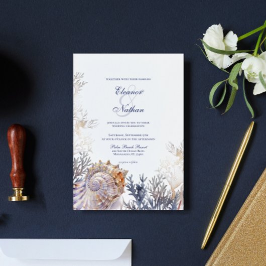 Waterverf Seashell koralen bruiloft Kaart