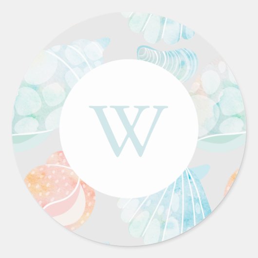 Waterverf Seashell Monogram Classic Round Sticker (Voorkant)