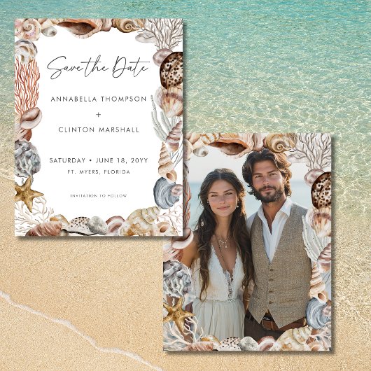 Waterverf Seashell Neutral Beach Wedding Save The Date