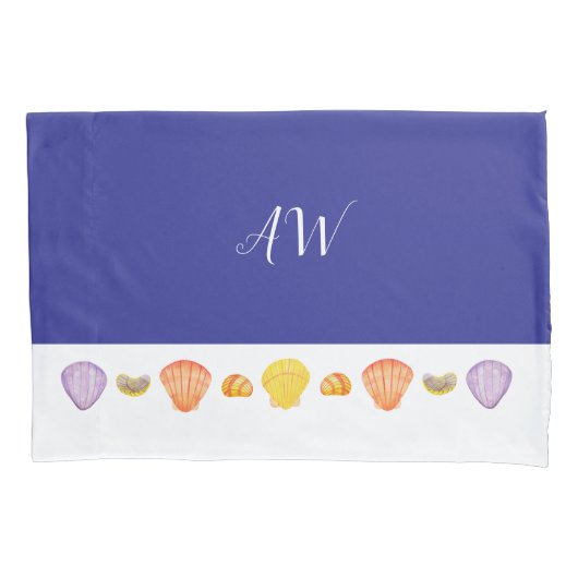 Waterverf Seashells Blauwe Kussensloop met Monogra (Voorkant)