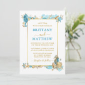 Waterverf Seashells Coral Foto Blue Wedding Kaart (Staand voorkant)