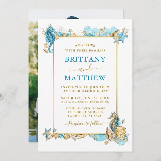 Waterverf Seashells Coral Foto Blue Wedding Kaart (Voorkant / Achterkant)