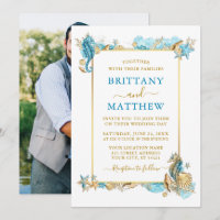 Waterverf Seashells Coral Foto Blue Wedding