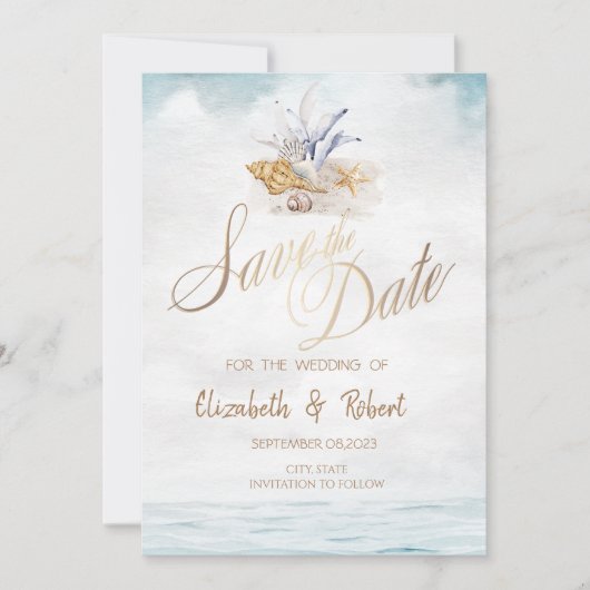 Waterverf Seashells, de Beach van het Zee sparen d Save The Date (Voorkant)
