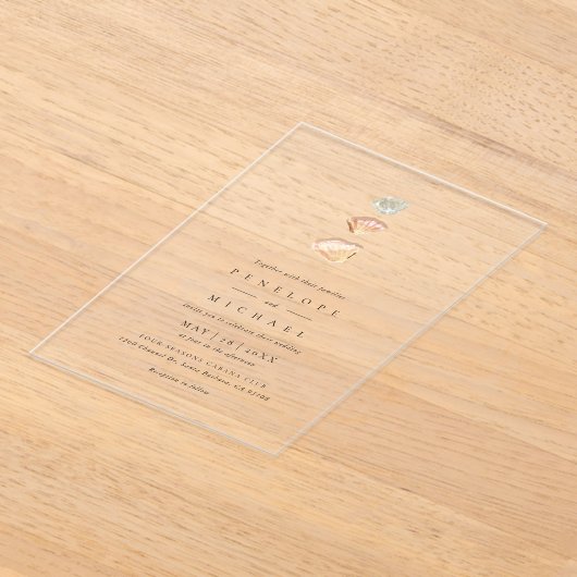 Waterverf Seashells Elegant Minimalist Wedding Acryl Uitnodigingen (Laagn)