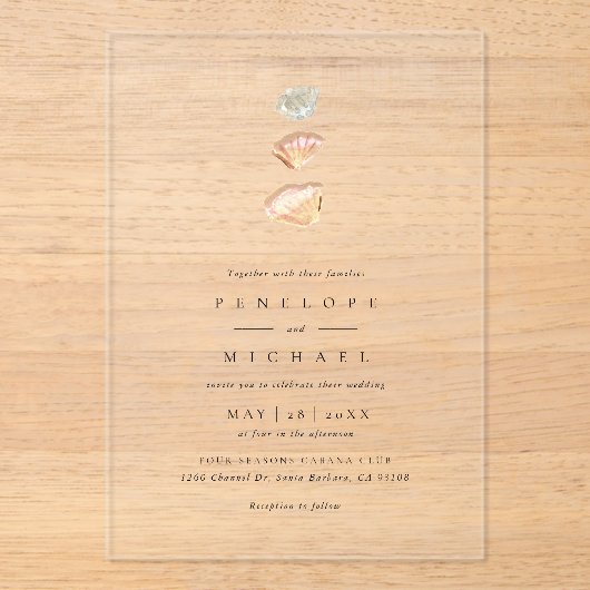 Waterverf Seashells Elegant Minimalist Wedding Acryl Uitnodigingen (Voorkant)
