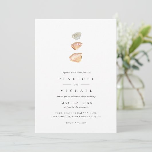Waterverf Seashells Elegant Minimalist Wedding Kaart (Staand voorkant)
