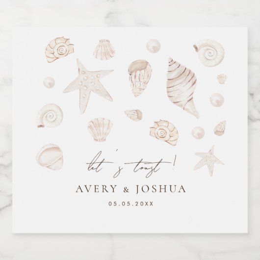 Waterverf Seashells en Parels Kustbruiloft Sparkling Wijnetiket (Enkel label)