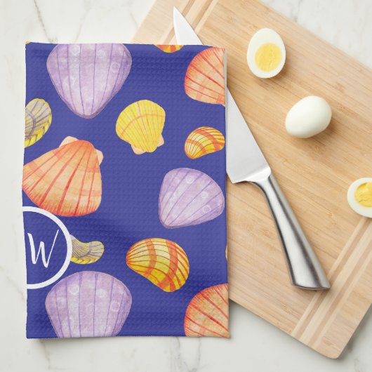 Waterverf Seashells Monogram keukenhanddoeken (Quarter Fold)