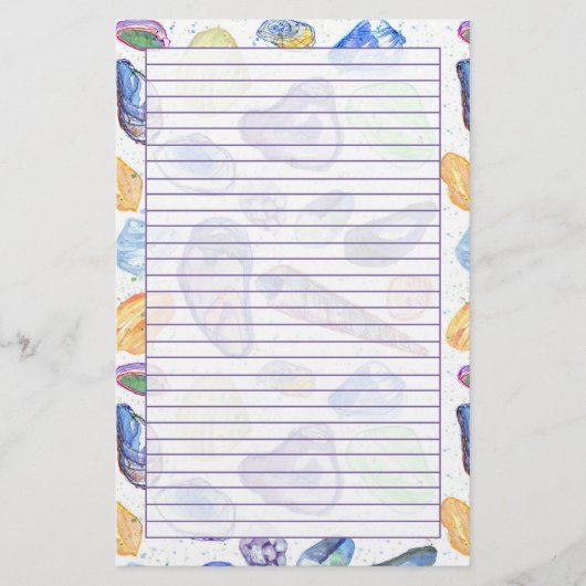 Waterverf Seashells Paarse Lined Briefpapier (Voorkant)