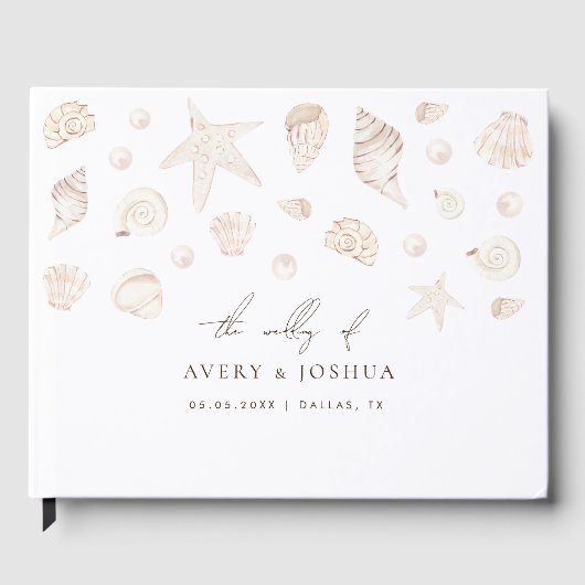 Waterverf Seashells Parels Kust Boho Huwelijk Gastenboek (Voorkant)