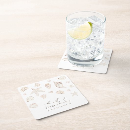 Waterverf Seashells Parels Nautisch Strand Huwelij Kartonnen Onderzetters (Insitu)