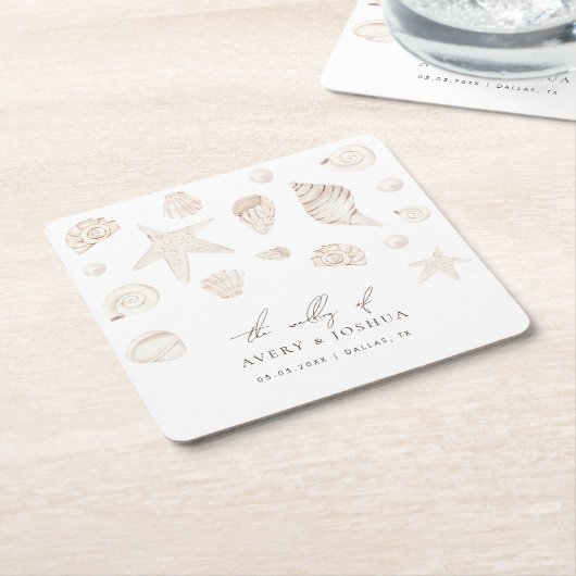 Waterverf Seashells Parels Nautisch Strand Huwelij Kartonnen Onderzetters (Schuin)