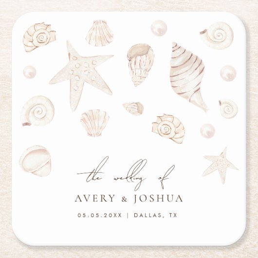 Waterverf Seashells Parels Nautisch Strand Huwelij Kartonnen Onderzetters (Voorkant)
