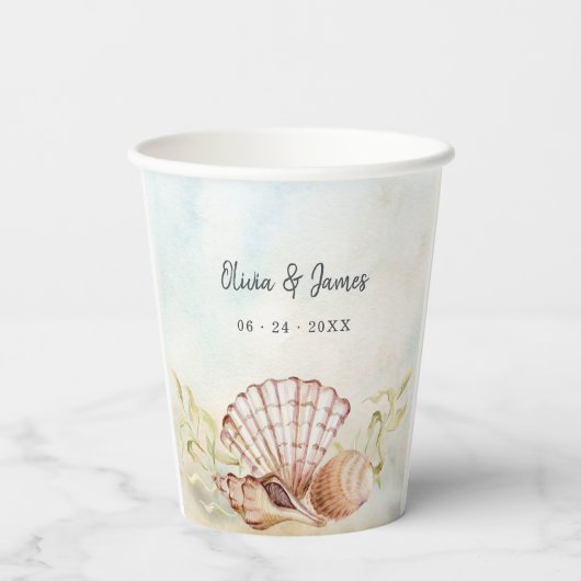 Waterverf Seashells Tropical Beach Bruiloft Papieren Bekers (Achterkant)