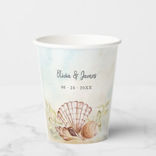 Waterverf Seashells Tropical Beach Bruiloft Papieren Bekers (Voorkant)