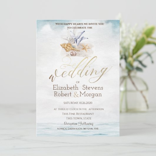 Waterverf Seashells, Zee bruiloft Kaart (Staand voorkant)