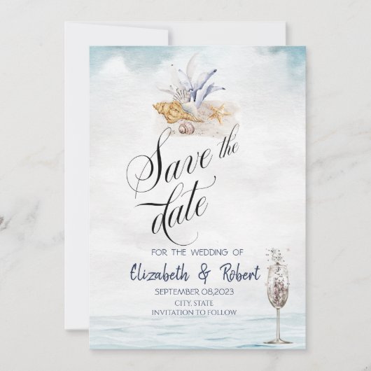 Waterverf Seashells, Zee sparen de Datum Save The Date (Voorkant)