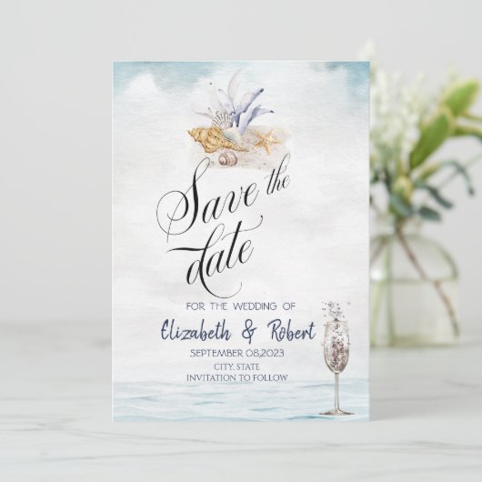 Waterverf Seashells, Zee sparen de Datum Save The Date (Staand voorkant)