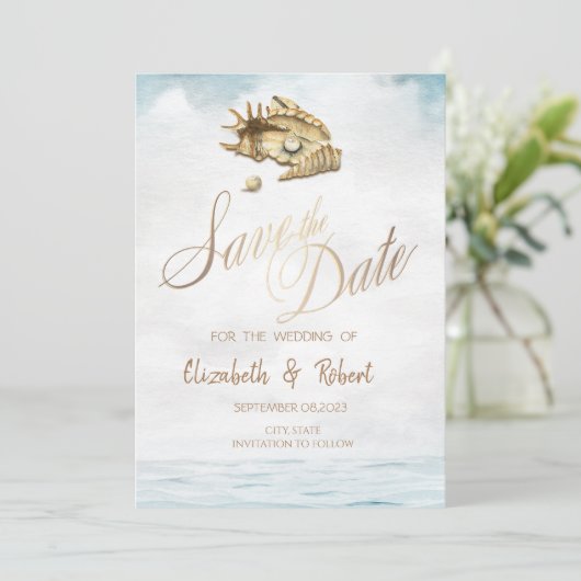 Waterverf Seashells, Zee sparen de Datum Save The Date (Staand voorkant)