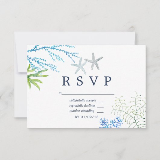 Waterverf Seaweed Beach Thed Wedding RSVP (Voorkant)