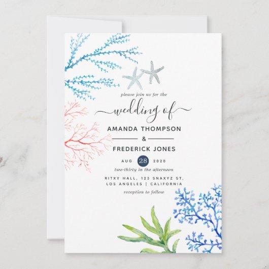 Waterverf Seaweed Beach Threadding Invitation Kaart (Voorkant)