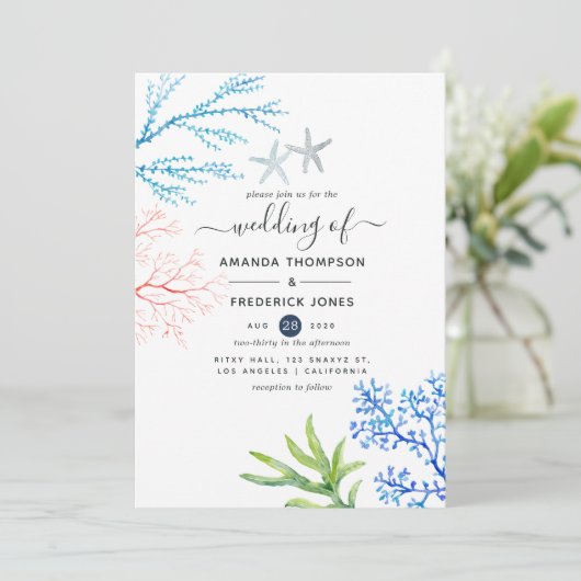 Waterverf Seaweed Beach Threadding Invitation Kaart (Staand voorkant)