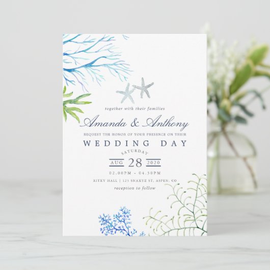 Waterverf Seaweed Beach Threadding Invitation Kaart (Staand voorkant)