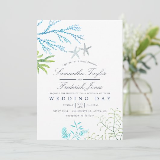 Waterverf Seaweed Beach Threadding Invitation Kaart (Staand voorkant)