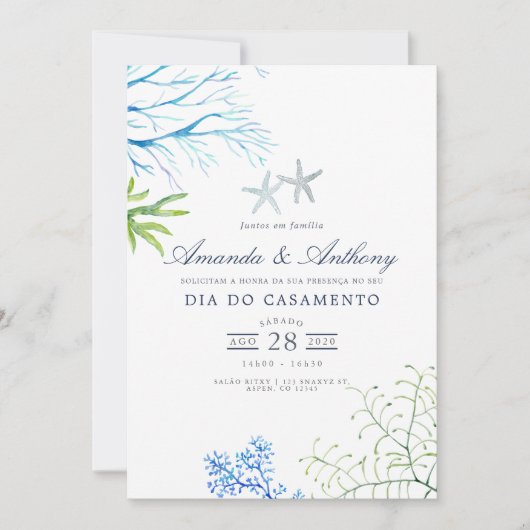 Waterverf Seaweed Beach Threadding Invitation Kaart (Voorkant)